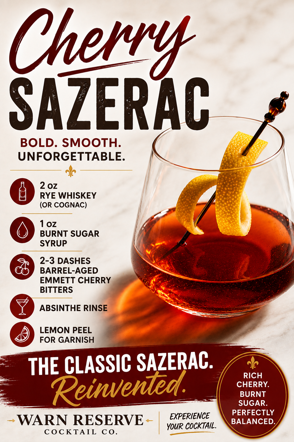 Cherry Sazerac Recipe with Burnt Sugar Syrup & Cherry Bitters | Warn Reserve